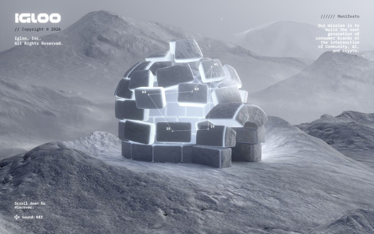 The Igloo Inc. home screen: a glowing igloo of ice blocks in a snowy mountain landscape