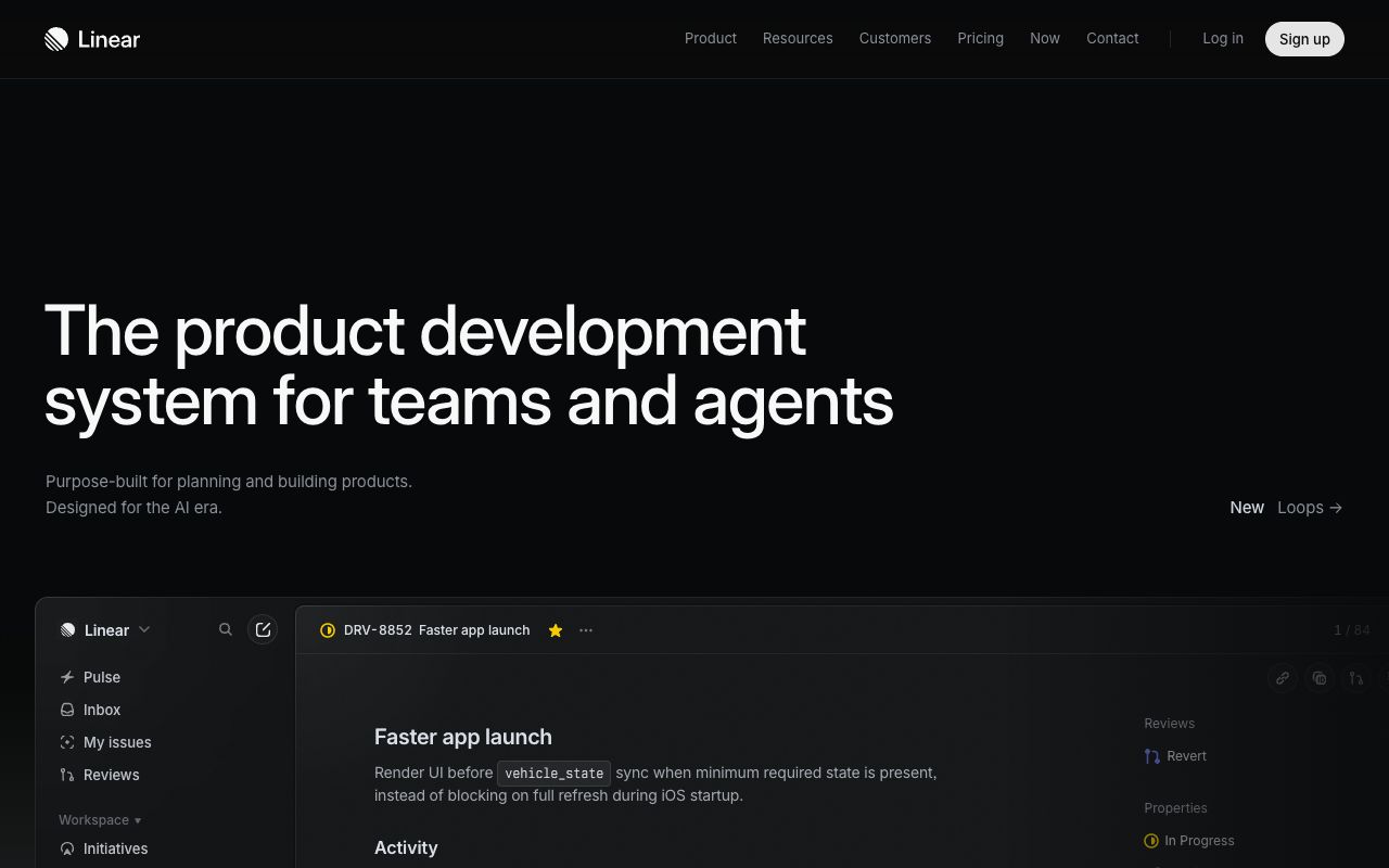 Linear’s homepage in dark mode: a large white headline on near-black above a product screenshot