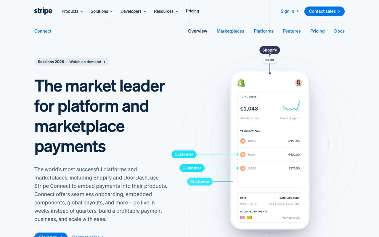 The Stripe Connect page: a dark headline, faint dashed grid lines and a phone showing a dashboard